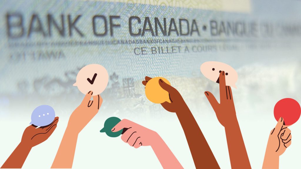 Illustration of hands raised in front of a Bank of Canada image.