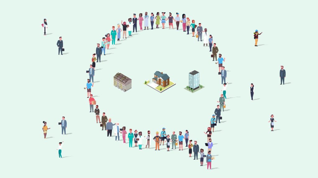 An illustration of a crowd of people forming a circle around Canadian homes.