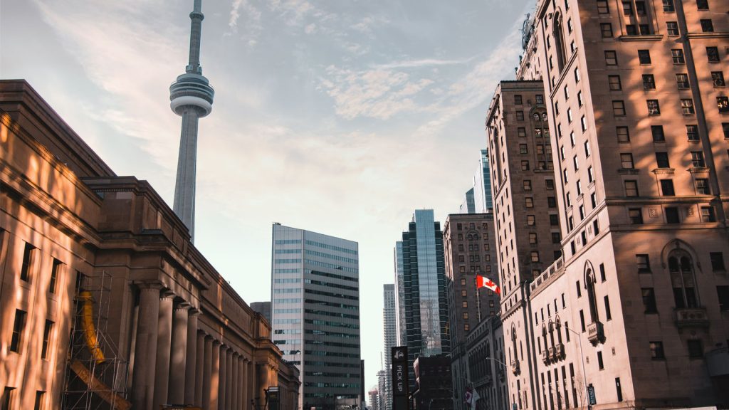 Downtown Toronto's skyline seen from below.